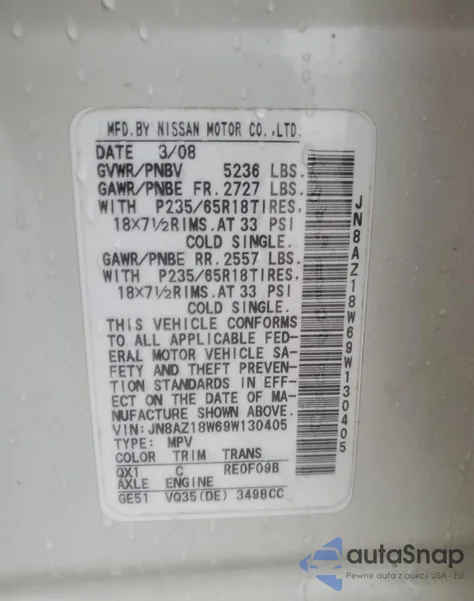 2009 Nissan Murano S from USA, damaged, VIN JN8AZ18W69W130405